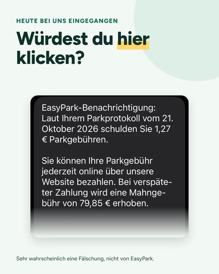Die SMS im Ausschnitt: angeblich von EasyPark, 1,27 € Parkgebühr, bei verspäteter Zahlung 79,85 € Mahngebühr. Absender und Link sind abgedeckt.